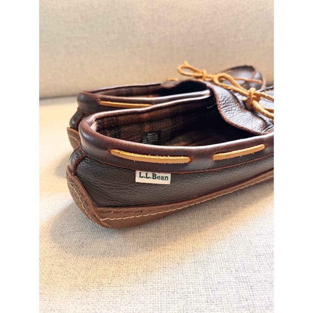 Mens L.L. Bean Slippers Size 12M Flannel Lined Brown Leather Bow Tie